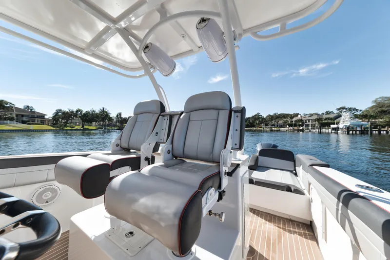 Slide: The Image of 2016 Powerplay Powerboats 42 model, luxury seating, waterfront view. - 25