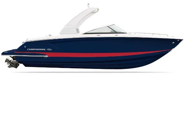 Slide: The Image of 2023 Chaparral 287 SSX luxury boat on display with promotional banner. - 4