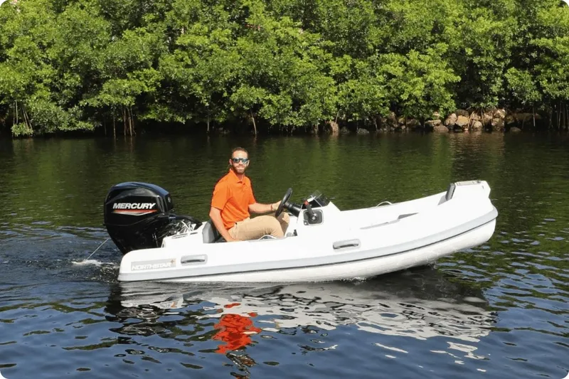 Slide: The Image of 2024 Northstar Axis 3.1 boat with Mercury engine on a calm river. - 2