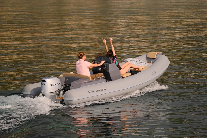 Slide: The Image of 2024 Northstar Axis 4.8 boat cruising with passengers on a sunny day. - 12