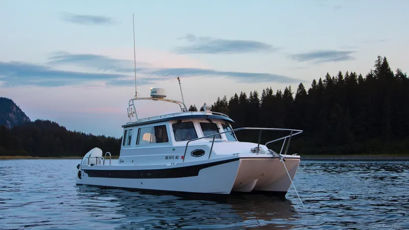 Slide: The Image of 2026 C-Dory TOMCAT 255 boat on calm water at sunset. - 1