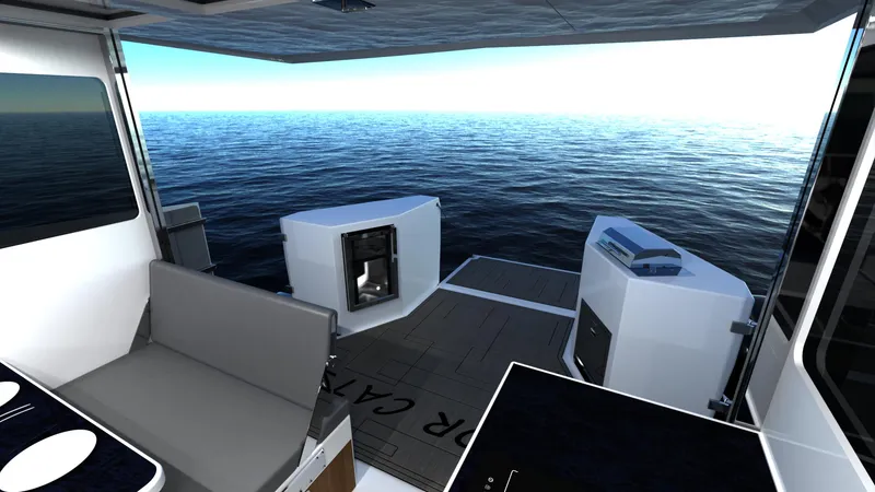 Slide: The Image of 2025 Razor Cat 38 Power Cat interior with ocean view, featuring modern seating and sleek design. - 10