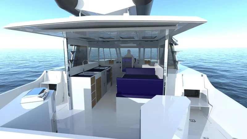 Slide: The Image of 2025 Razor Cat 38 Power Cat interior with modern design on open water. - 12