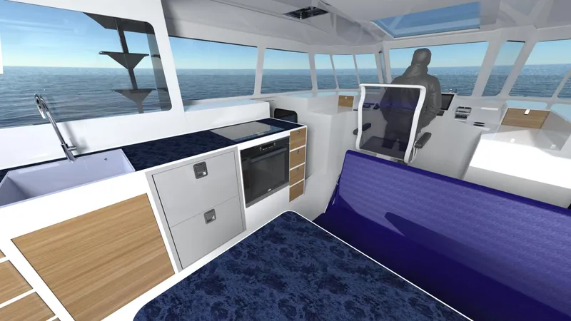 Slide: The Image of Interior of 2025 Razor Cat 38 Power Cat, featuring modern kitchen and seating area. - 13