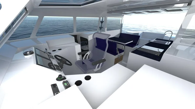 Slide: The Image of Interior of 2025 Razor Cat 38 Power Cat, featuring modern helm and seating with ocean view. - 14
