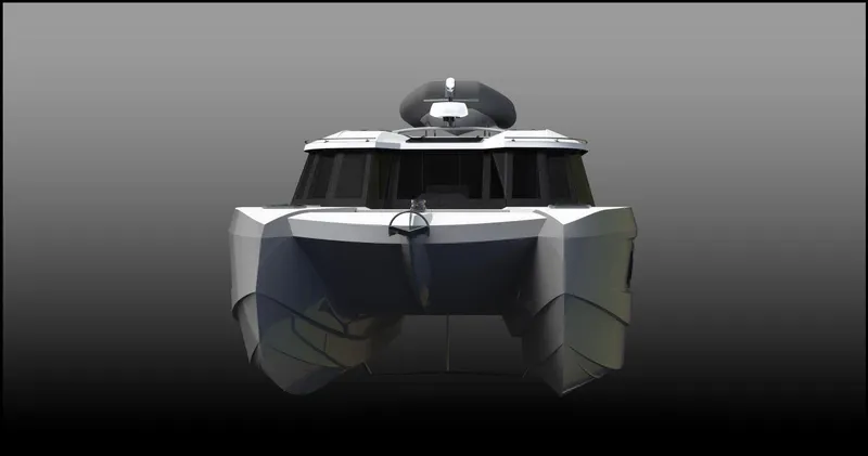 Slide: The Image of Front view of 2025 Razor Cat 38 Power Catamaran, sleek design, modern marine technology. - 15
