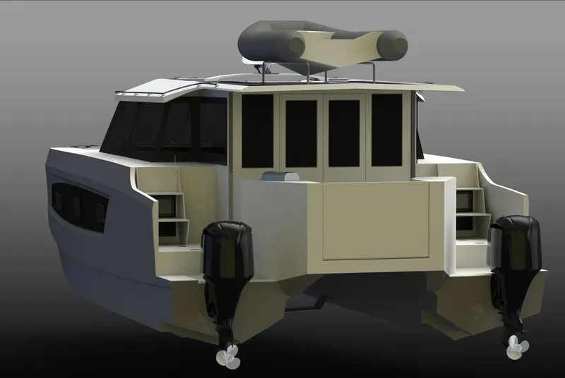 Slide: The Image of 2025 Razor Cat 38 Power Catamaran with dual outboard motors, rear view. - 16