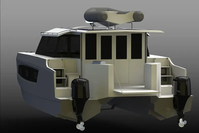 Slide: The Image of 2025 Razor Cat 38 Power Catamaran with dual outboard motors, rear view. - 17