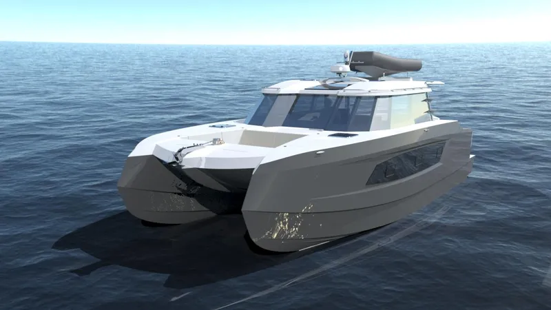 Slide: The Image of 2025 Razor Cat 38 Power Catamaran cruising on open sea under clear skies. - 19