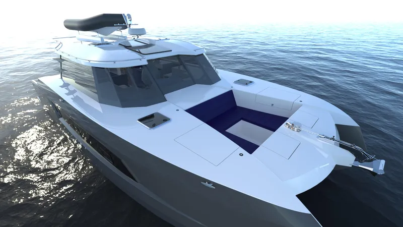 Slide: The Image of 2025 Razor Cat 38 Power Catamaran on calm ocean waters, showcasing sleek design and modern features. - 2
