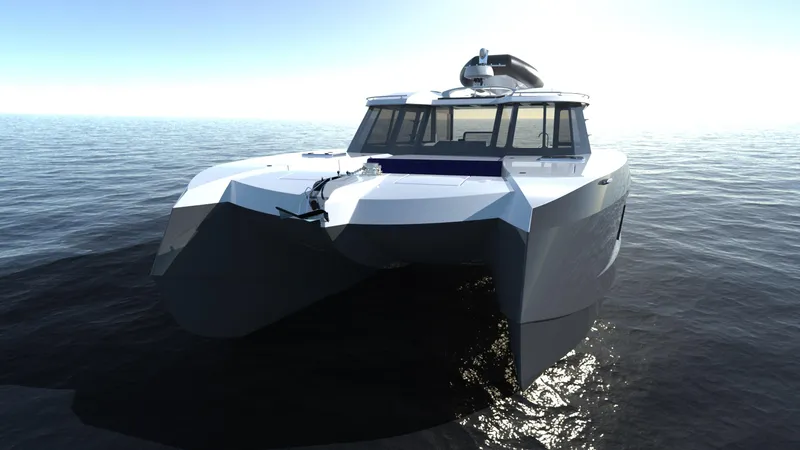 Slide: The Image of 2025 Razor Cat 38 Power Catamaran cruising on open water, sleek design, modern features. - 3