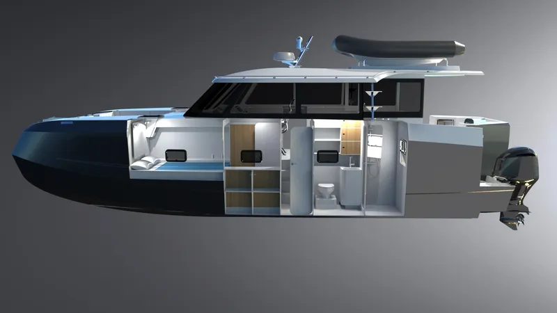 Slide: The Image of 2025 Razor Cat 38 Power Cat interior cross-section, showcasing modern design and amenities. - 5