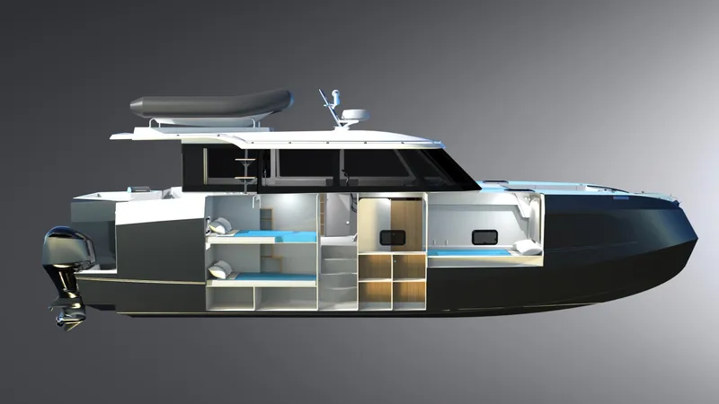 Slide: The Image of 2025 Razor Cat 38 Power Cat, sleek design, interior layout, modern yacht features. - 6