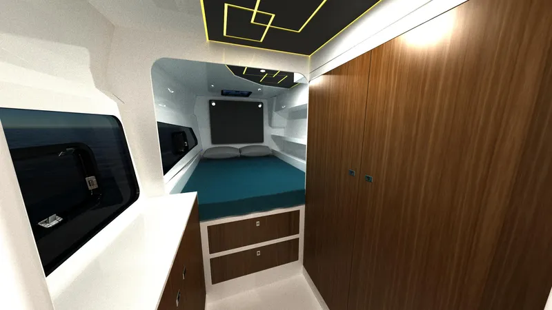 Slide: The Image of Interior of 2025 Razor Cat 38 Power Cat with modern design and cozy sleeping area. - 8