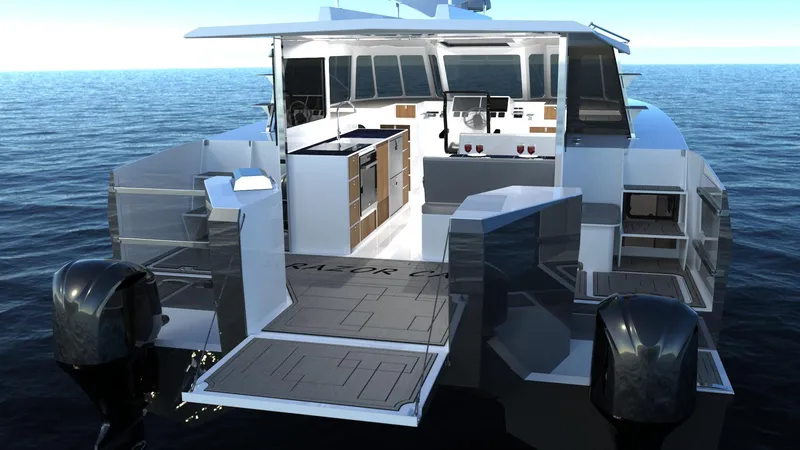 Slide: The Image of 2025 Razor Cat 38 Power Catamaran on water, showcasing modern interior and dual outboard engines. - 9