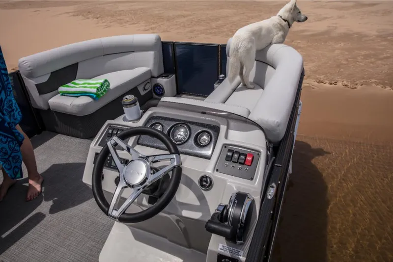 Slide: The Image of 2023 Crest Classic LX boat interior with dog on seat, steering wheel, and beach in background. - 10