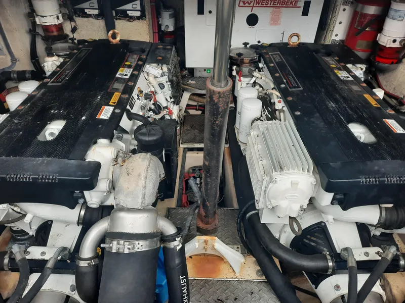 Slide: The Image of 2008 Formula 40 PC engine room with twin engines and Westerbeke generator. - 38