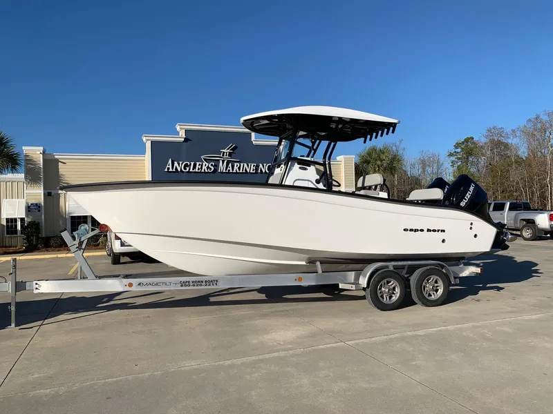 Slide: The Image of 2024 Cape Horn 24 XS boat on trailer at Anglers Marine dealership. - 0