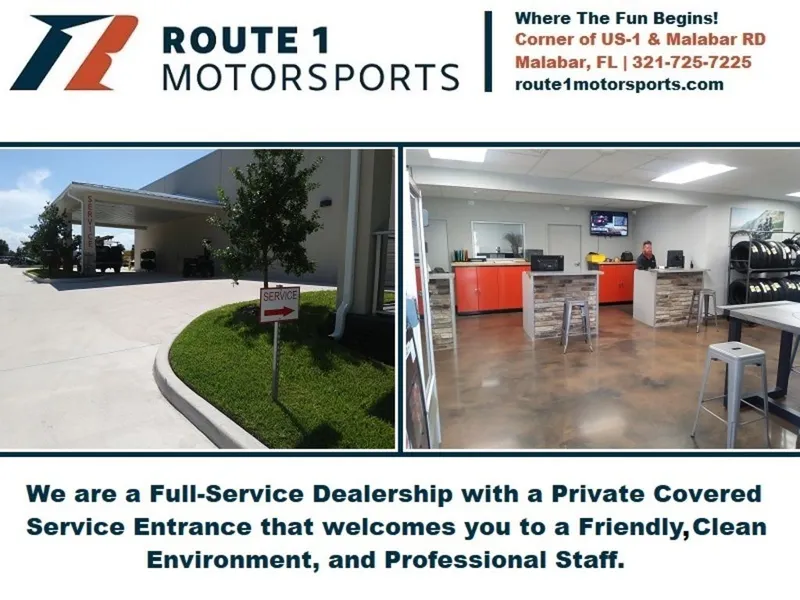 Slide: The Image of Route 1 Motorsports dealership with private covered service entrance and modern, clean interior. - 29