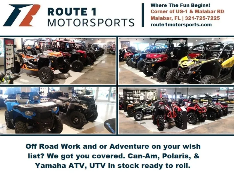 Slide: The Image of Route 1 Motorsports showroom with Can-Am, Polaris, and Yamaha ATVs and UTVs. - 30
