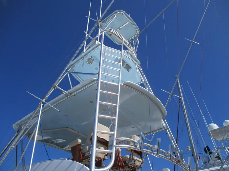Slide: The Image of 2008 Custom Carolina 53 Sculley yacht tower and ladder against blue sky. - 7