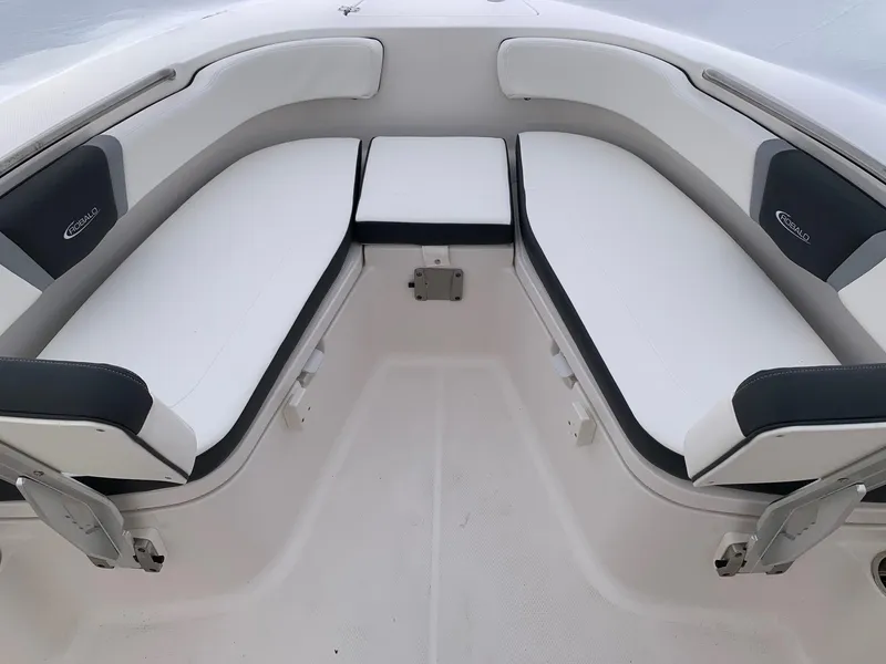 Slide: The Image of 2024 Robalo R200 Center Console boat with cushioned seating area. - 7