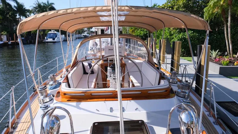 Slide: The Image of 1989 Little Harbor 54 sailboat docked, featuring elegant design and spacious deck. - 48