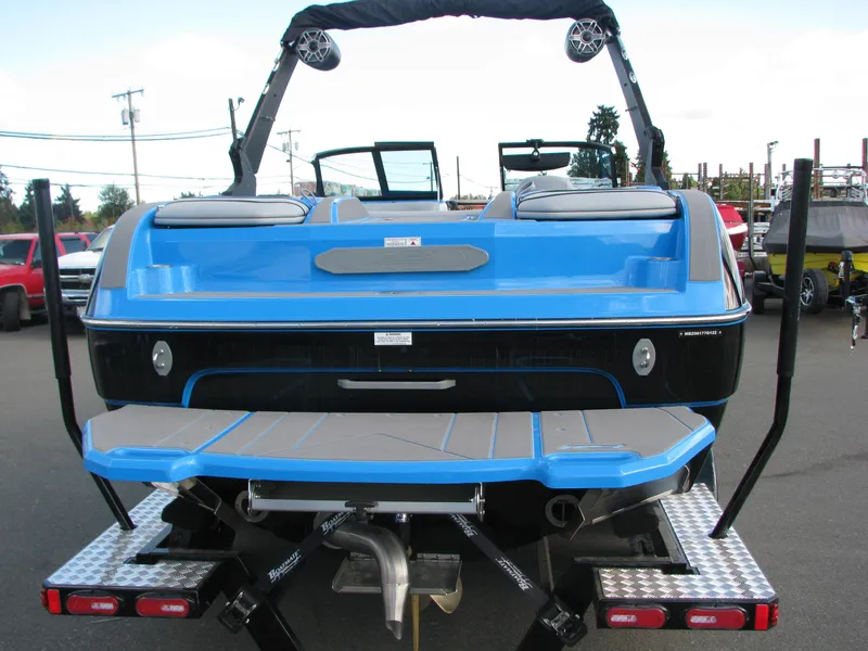 Slide: The Image of 2022 MB F22 Alpha boat on trailer, front view with sleek design. - 2