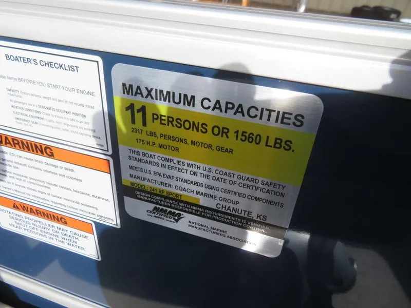 Slide: The Image of 2022 Coach Pontoons 241 RFC maximum capacity label, 11 persons or 1560 lbs. - 25