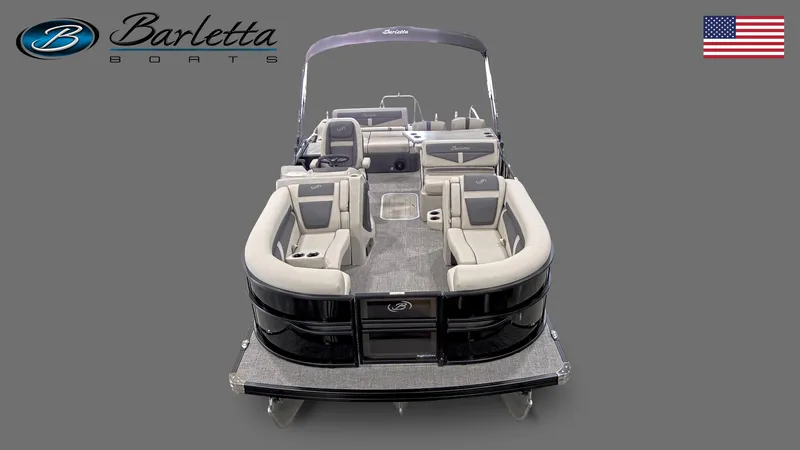 Slide: The Image of 2023 Barletta C24UE pontoon boat, sleek design, spacious seating, gray background, American flag. - 4