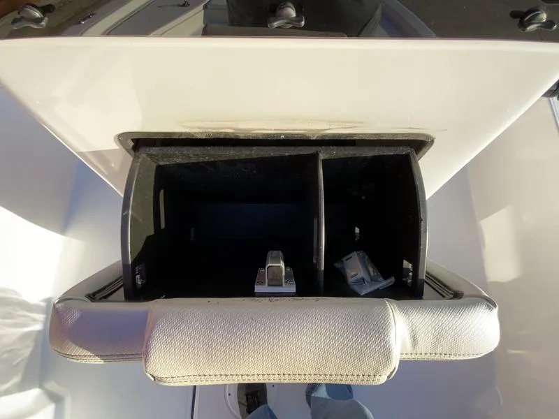 Slide: The Image of Storage compartment of a 2022 Blue Wave 2200 STL boat with cushioned armrest. - 10