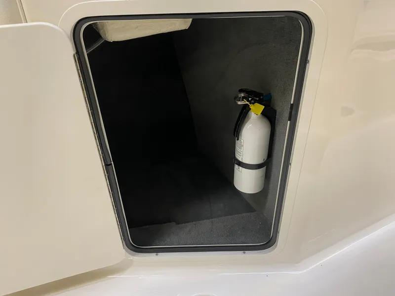 Slide: The Image of Storage compartment with fire extinguisher on a 2019 Sea Ray 190 SPX BR boat. - 14