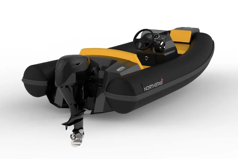 Slide: The Image of 2021 Northstar Axis 3.1 inflatable boat with outboard motor and black-yellow design. - 10