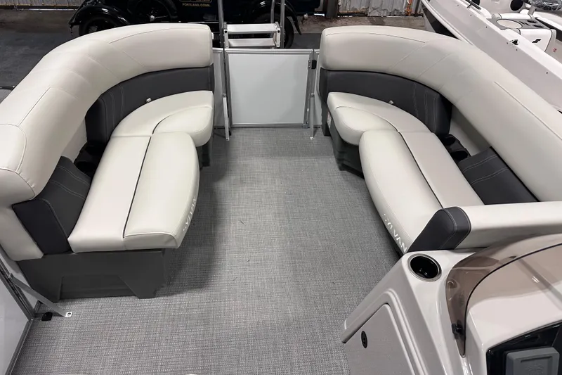 Slide: The Image of 2026 Sylvan Mirage 818 Cruise interior with plush seating and modern design. - 14