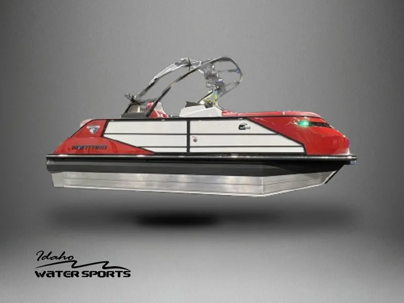Slide: The Image of 2022 Montara SURF BOSS 23 boat in red and white, Idaho Water Sports logo. - 1