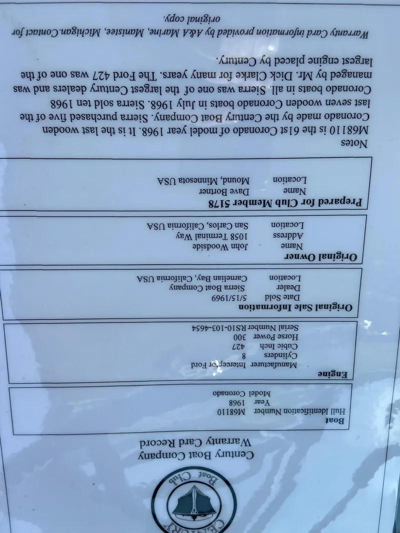 Slide: The Image of 1968 Century Coronado warranty card with owner information and specifications. - 16