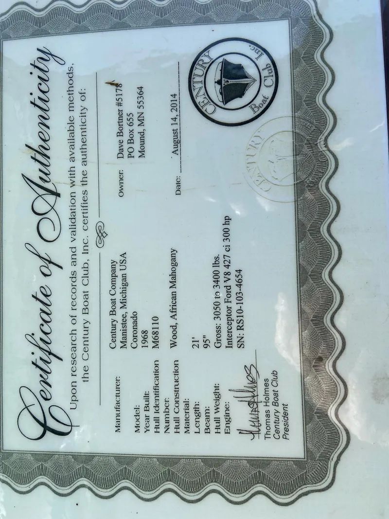 Slide: The Image of Certificate of Authenticity for 1968 Century Coronado boat, issued by Century Boat Club. - 17