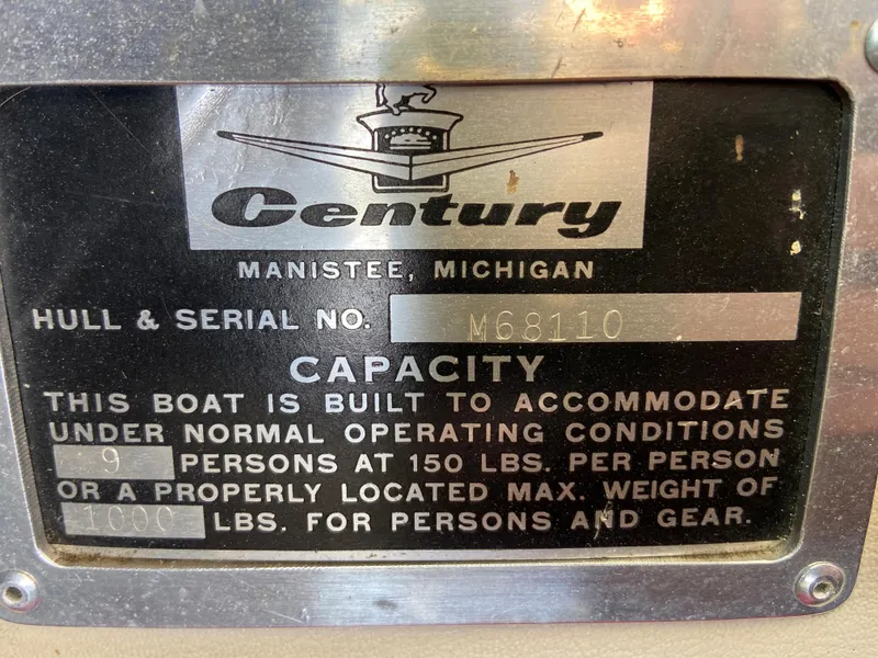 Slide: The Image of 1968 Century Coronado boat capacity plate, Manistee, Michigan, serial M68110, 9 persons, 1000 lbs max. - 18
