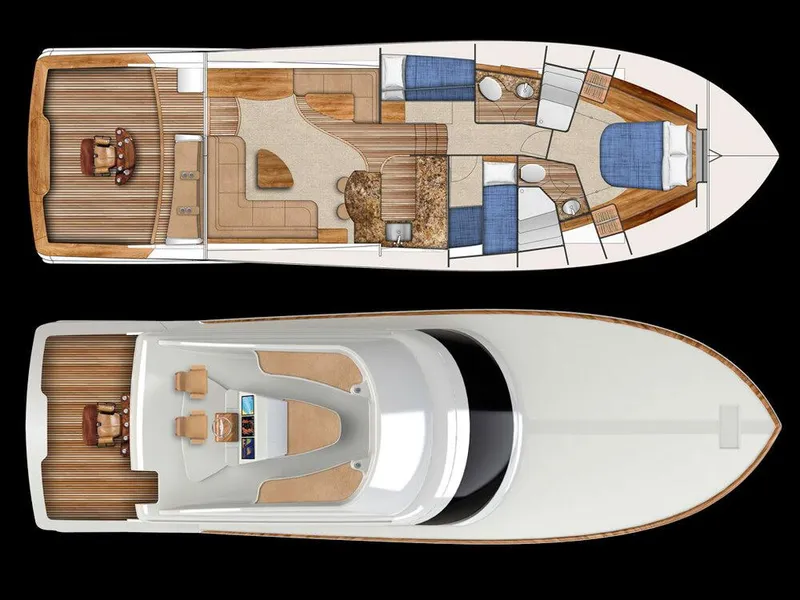 Slide: The Image of Top view of 2025 Albemarle 53 yacht floor plan, showcasing interior layout and deck. - 2