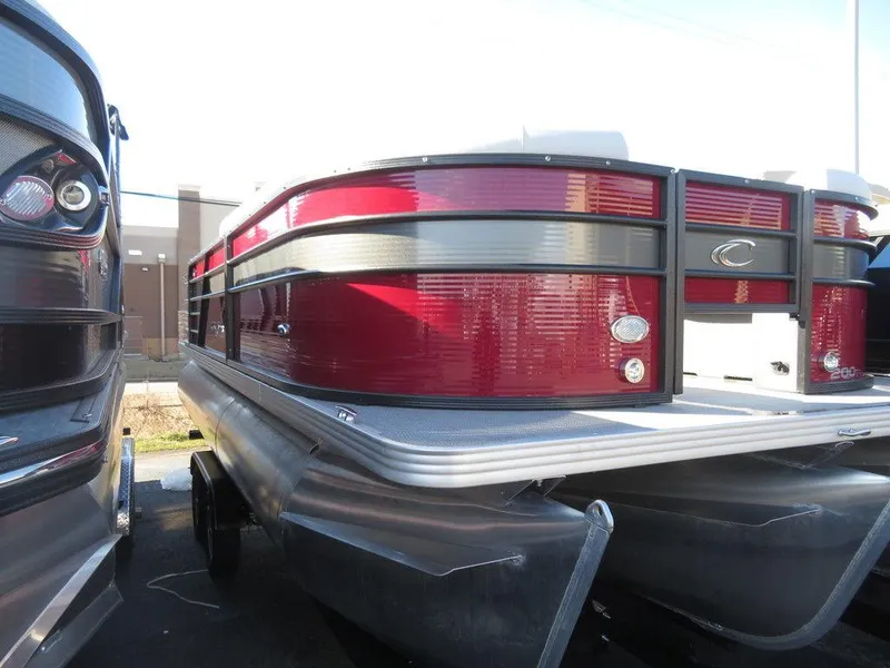 Slide: The Image of 2022 Crest Classic Fish 200 SF pontoon boat with red exterior. - 3