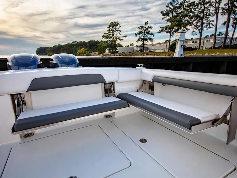 Slide: The Image of 2025 Albemarle 31DC boat with spacious seating and scenic background. - 23