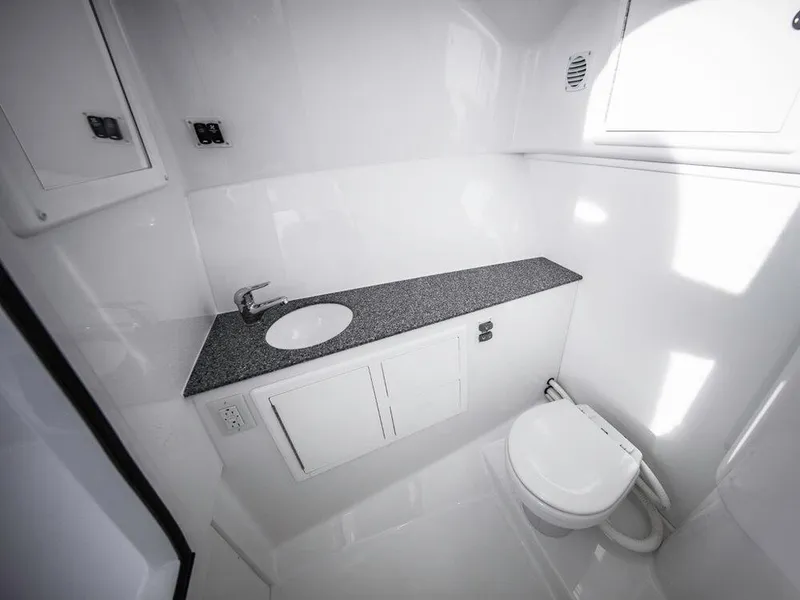 Slide: The Image of 2025 Albemarle 31DC boat bathroom with modern sink and toilet. - 26