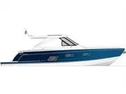 Slide: The Image of 2024 Formula 380 Super Sport Crossover boat, side view, blue and white design. - 5