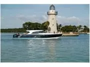 Slide: The Image of 2024 Formula 500 Super Sport Crossover yacht near a lighthouse on calm waters. - 9