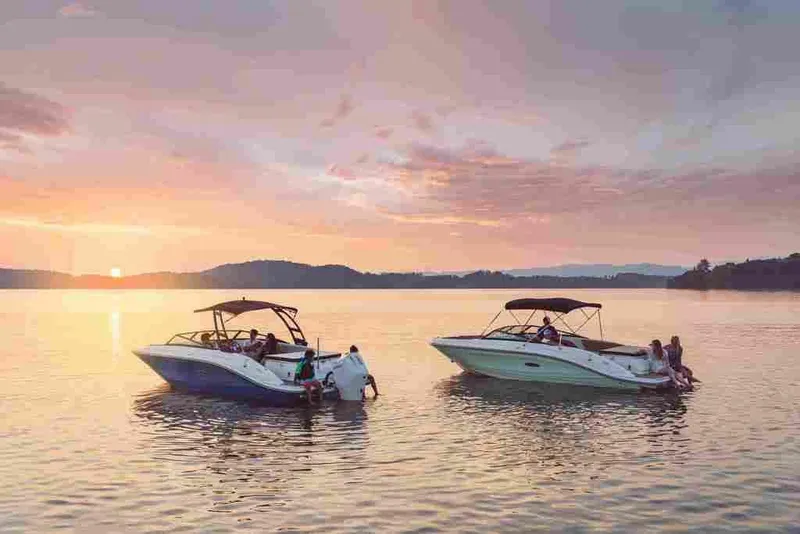 Slide: The Image of 2024 Sea Ray SPX 230 boats on a serene lake at sunset. - 8