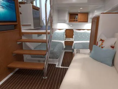 Slide: The Image of Interior of 2025 Back Cove 390 yacht with modern furnishings and wooden accents. - 20