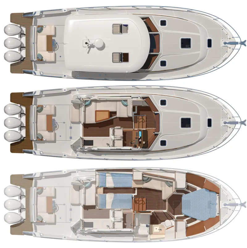 Slide: The Image of Top view of 2025 Back Cove 390 yacht layout with three decks. - 35
