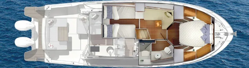 Slide: The Image of Top view of 2025 Back Cove 390 boat layout with cabins and amenities. - 36