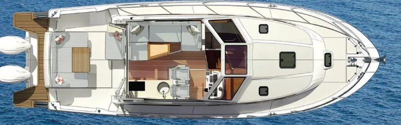 Slide: The Image of Top view of 2025 Back Cove 390 model boat on water. - 37