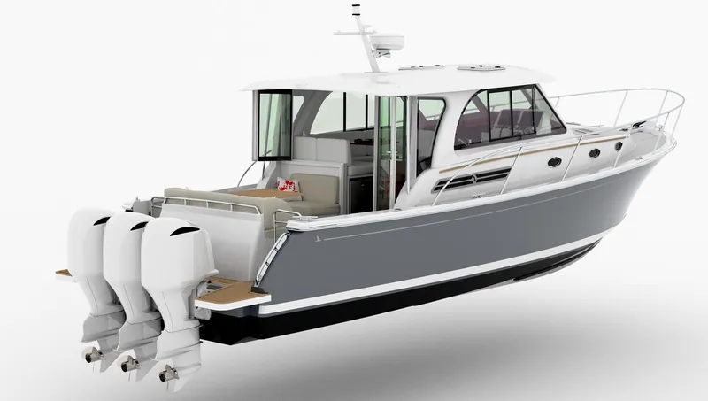 Slide: The Image of 2025 Back Cove 390 boat with triple outboard engines, sleek design, and spacious deck. - 38